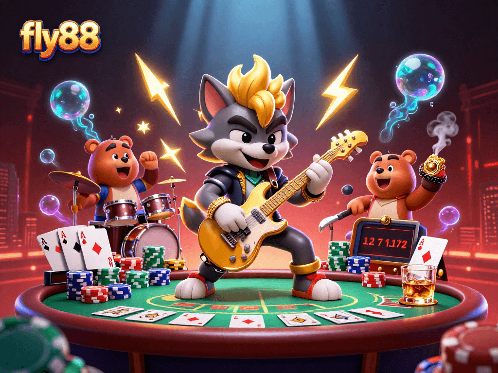 Experience the excitement of fly88 with a dynamic 3D casino illustration showcasing thrilling characters and vibrant gaming elements.