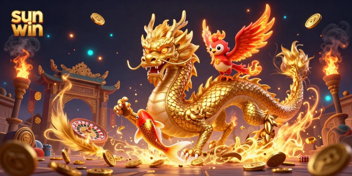 Engage with the sun win gaming experience, featuring a dragon, phoenix, and koi fish amidst a vibrant casino backdrop.