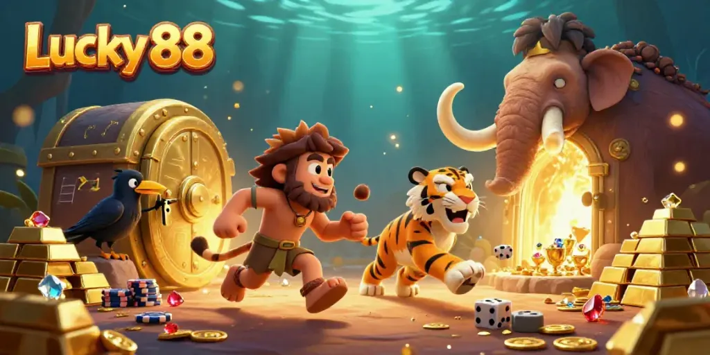 Experience the excitement of Lucky 88 with dynamic 3D casino-themed art depicting ancient treasures and gaming.