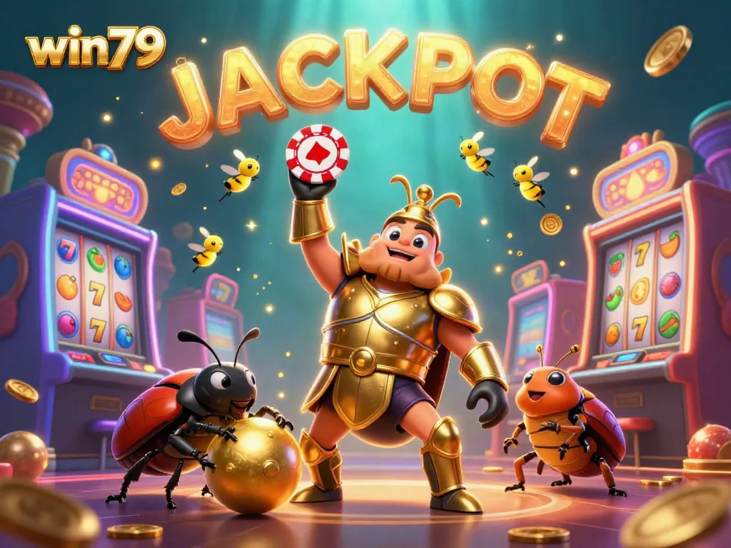 Join the fun and excitement of win79 as a cartoon beetle lifts poker chips amidst dazzling casino elements.