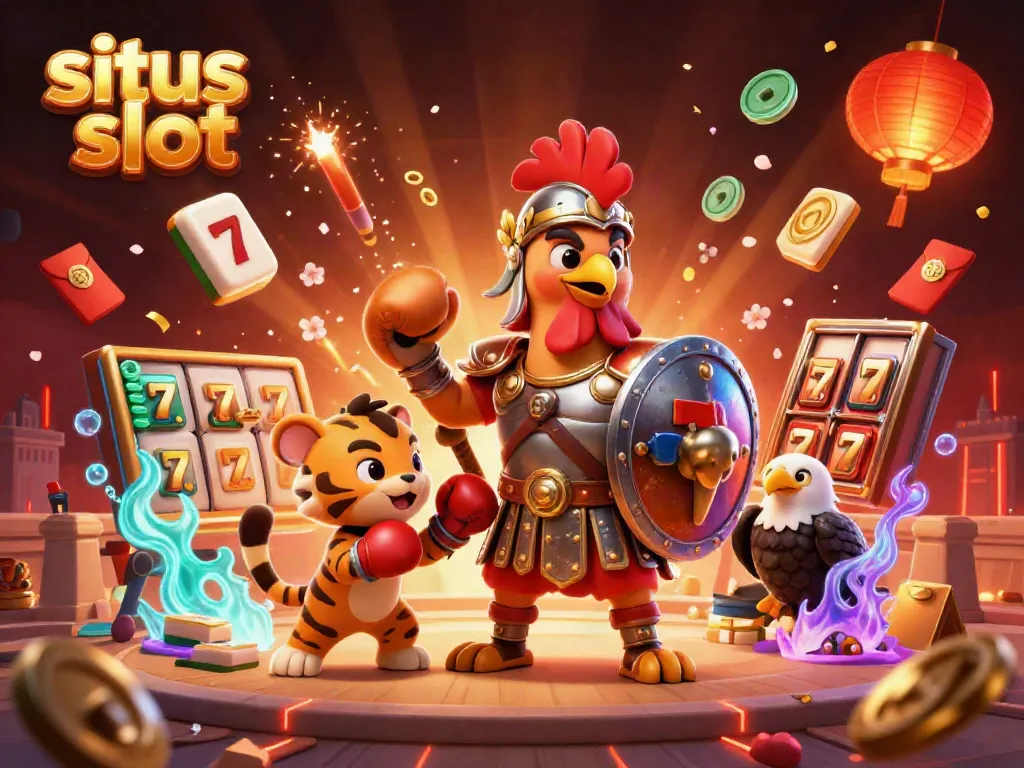 Spin the reels in this vibrant situs slot scene featuring a gladiator rooster and lucky elements for big wins.