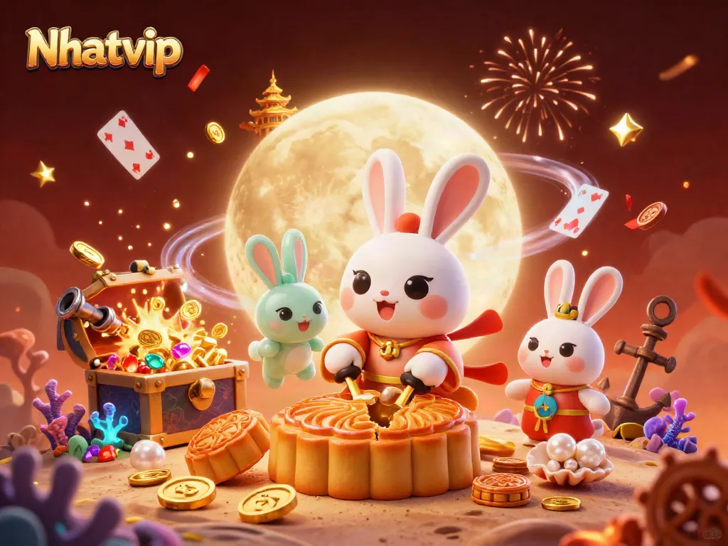 Nhatvip celebrates with a moon rabbit and jade companion amid poker chips and golden treasures.