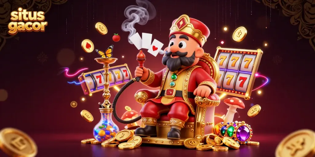 Experience the thrill of situs gacor with vibrant slot symbols and a captivating caterpillar character.