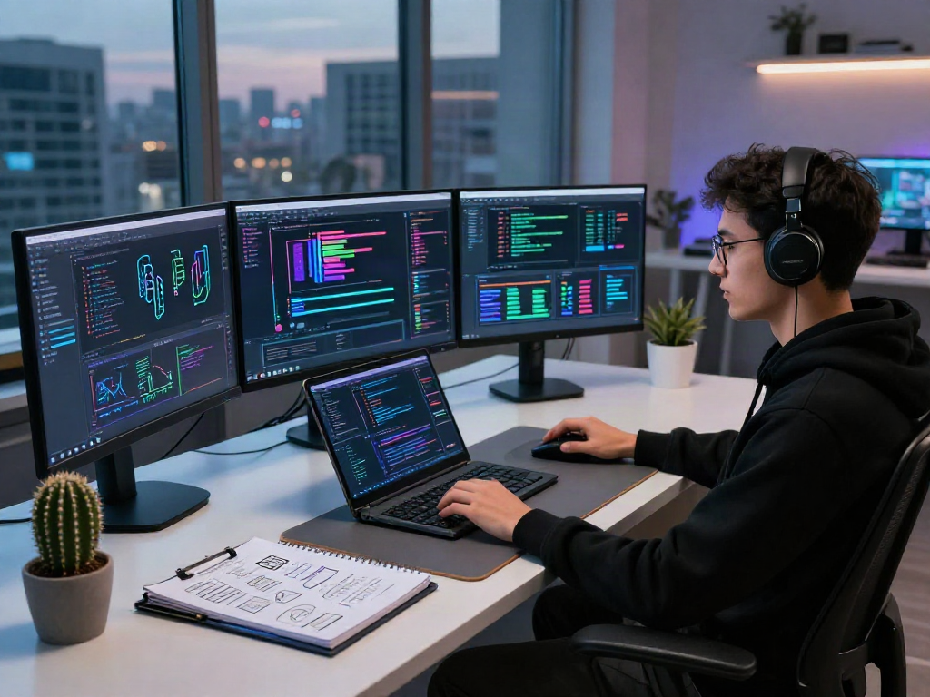 AI developer in modern workspace focused on crushonai algorithms and data analytics.
