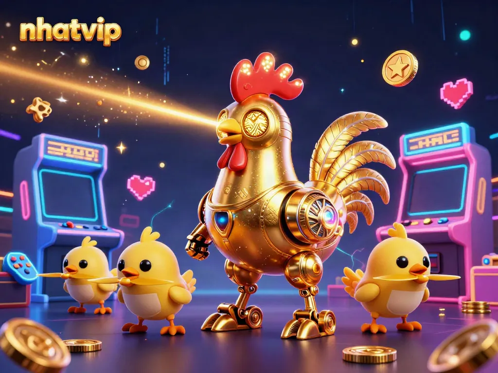 Nhatvip showcases an exciting 3D casino scene featuring a golden rooster robot and playful drones.