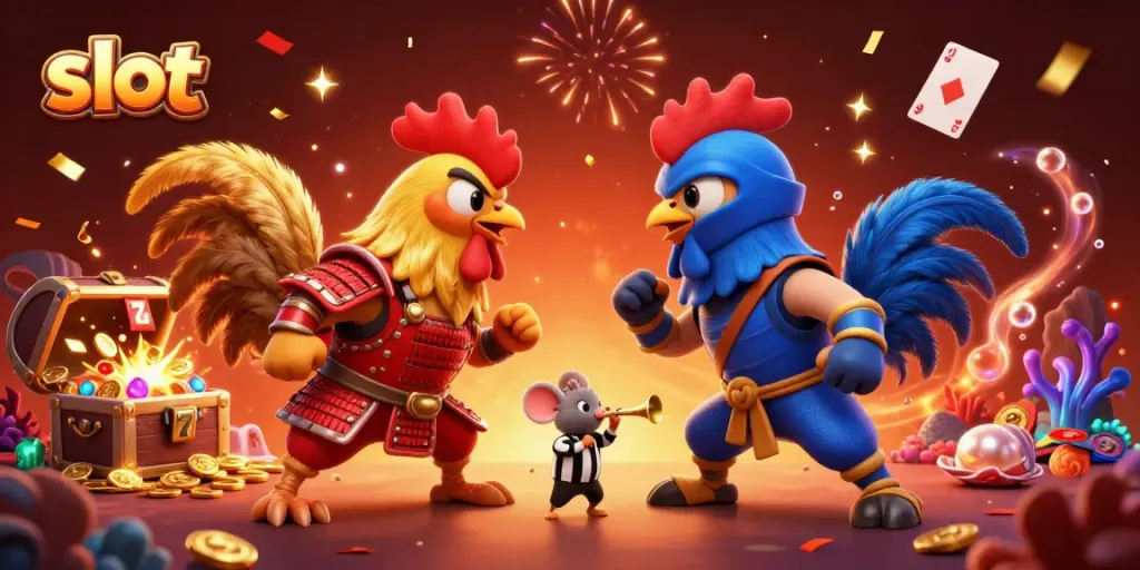 Experience a thrilling slot gaming face-off with cartoon roosters in a vibrant scene.