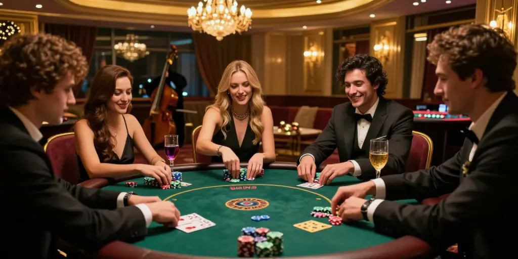 Exciting casino scene showcasing friends playing rokok88 poker game in vibrant nightlife setting.