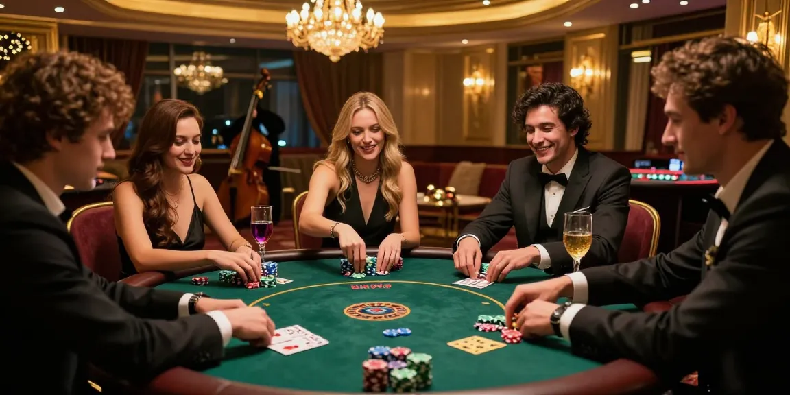 Exciting casino scene showcasing friends playing rokok88 poker game in vibrant nightlife setting.