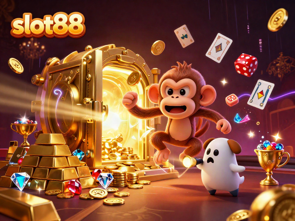 Experience thrilling slot88 action with a playful monkey and a curious puppy in an animated casino scene.