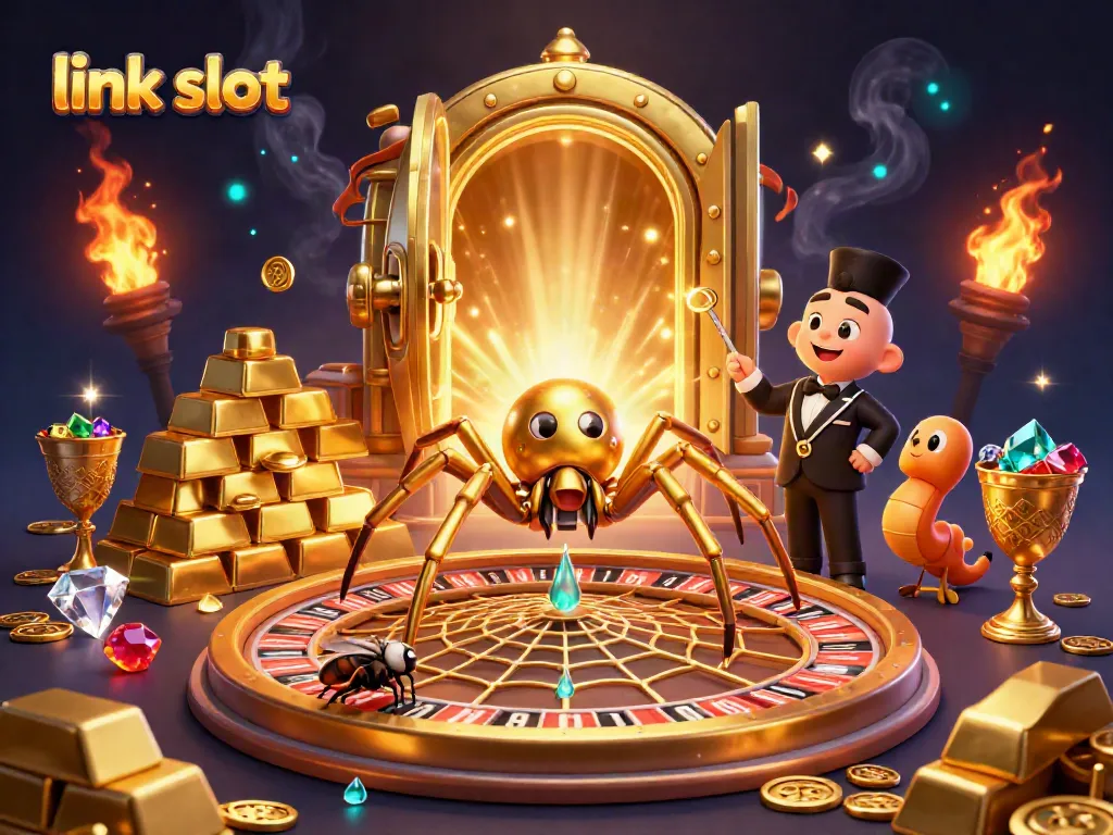 Engage with the dynamic link slot scene featuring a golden spider and thrilling betting activity.