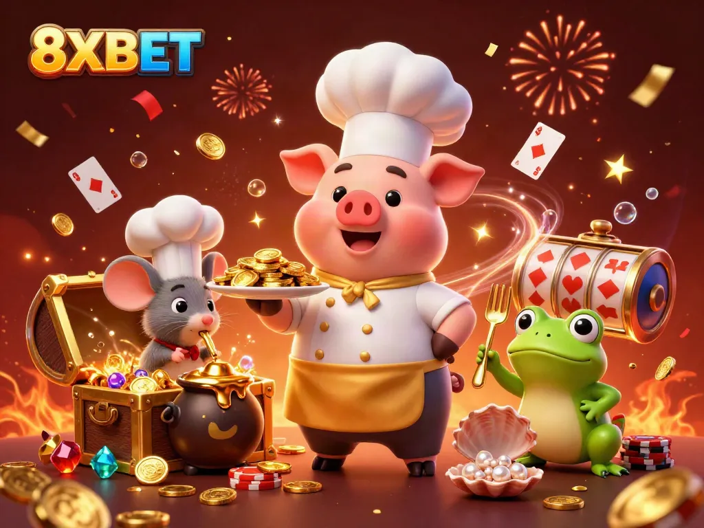 Engage in thrilling gameplay at 8XBET, where a chef pig serves gold coins and excitement abounds!
