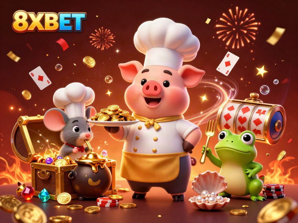 Engage in thrilling gameplay at 8XBET, where a chef pig serves gold coins and excitement abounds!