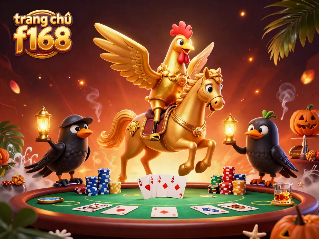 Experience the magic of trang chủ f168 with a colorful casino scene featuring a golden rooster and poker elements.