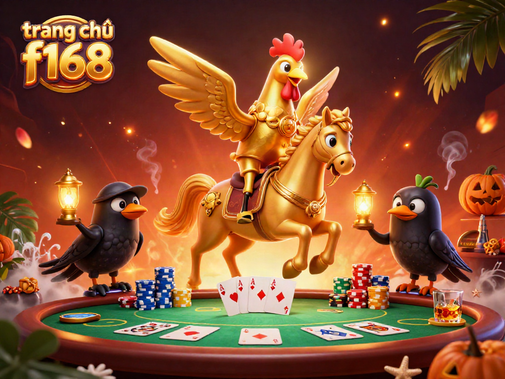 Experience the magic of trang chủ f168 with a colorful casino scene featuring a golden rooster and poker elements.