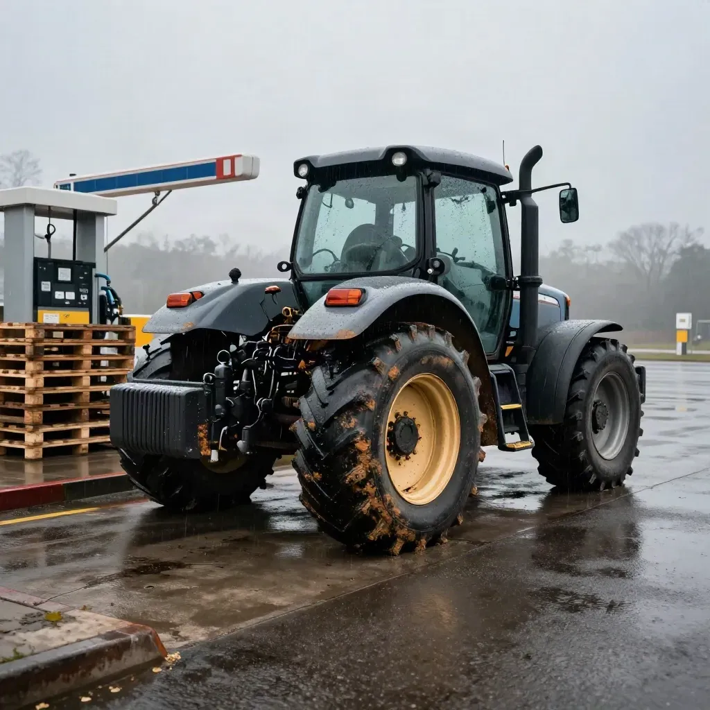 Parked tractor unit by a diesel island in drizzle, wet curb puddles, pallets and a blurred toll arm.