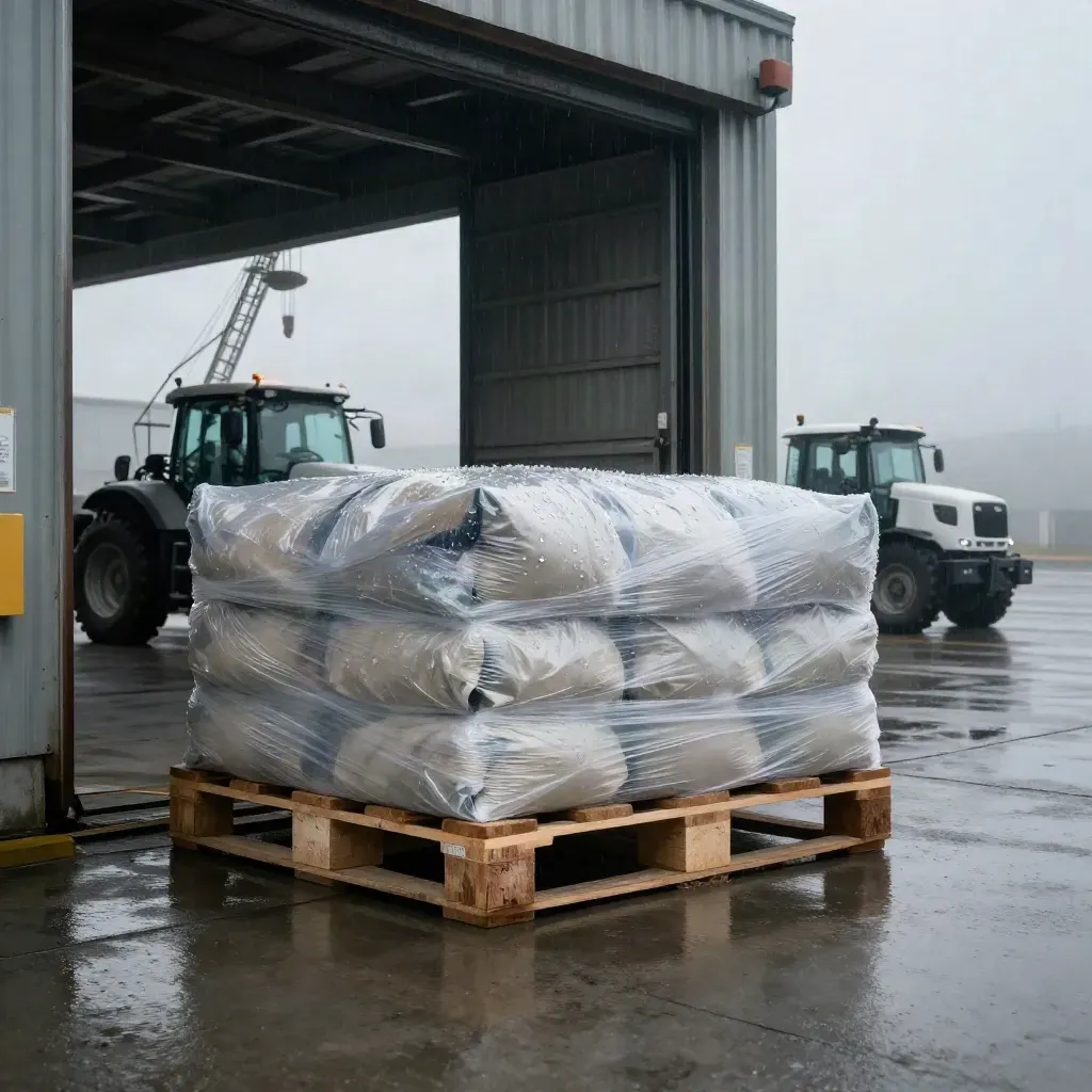 Rainy freight dock with wrapped pallet, sealed pouch, cargo seal, and tractor unit at dawn.