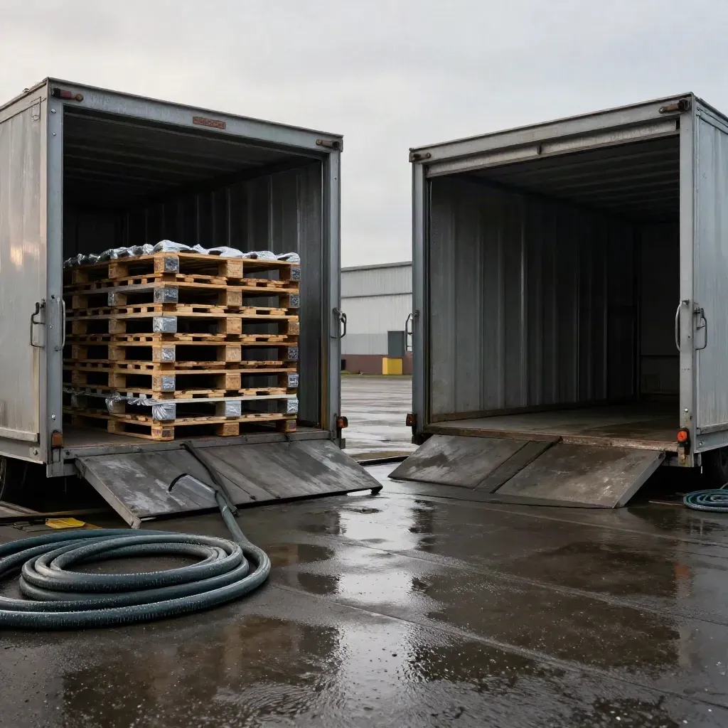 Wet dock bays with one loaded pallet cage and one empty bay under late drizzle.