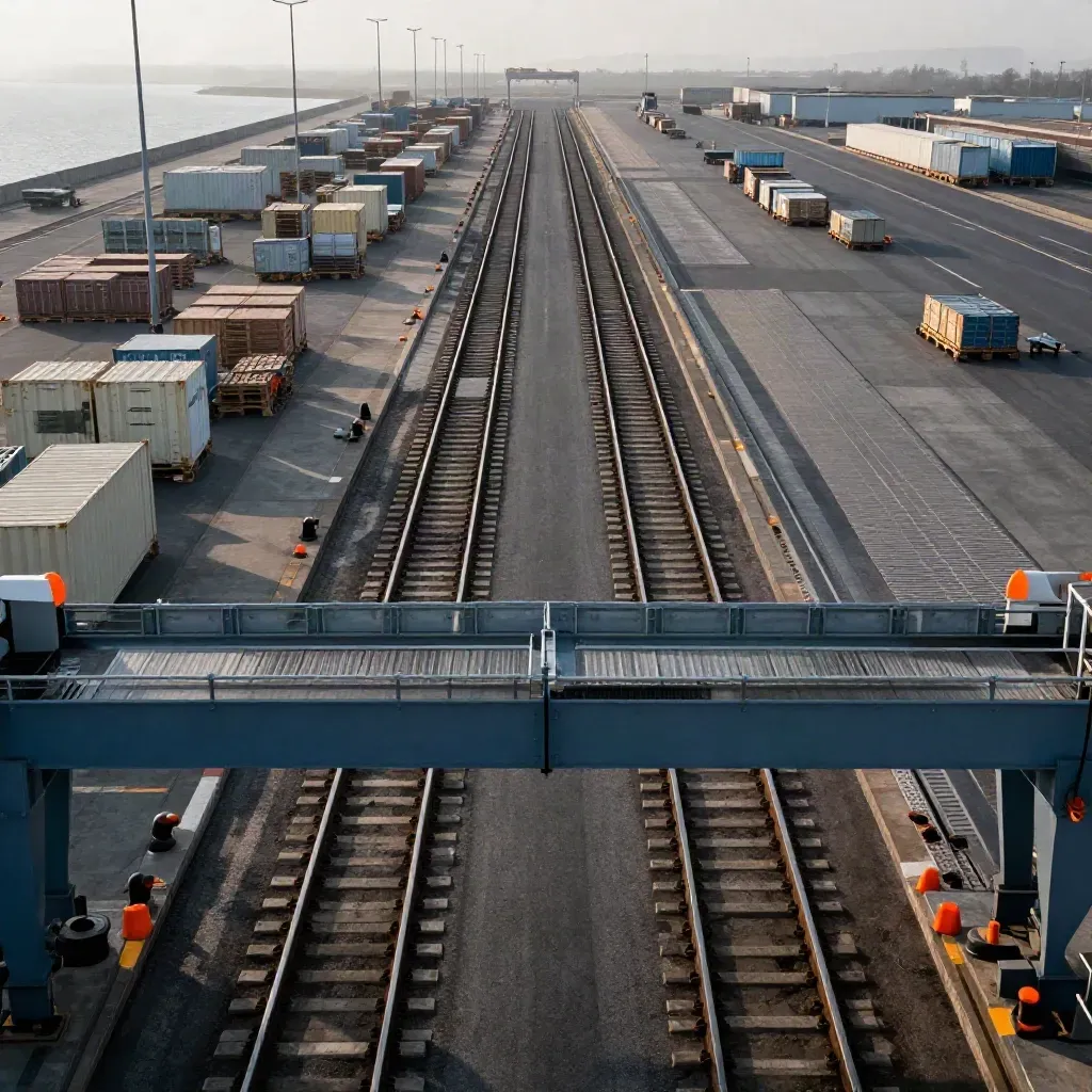Elevated freight terminal with road, rail, quay edge, and ferry ramp lanes in sea haze