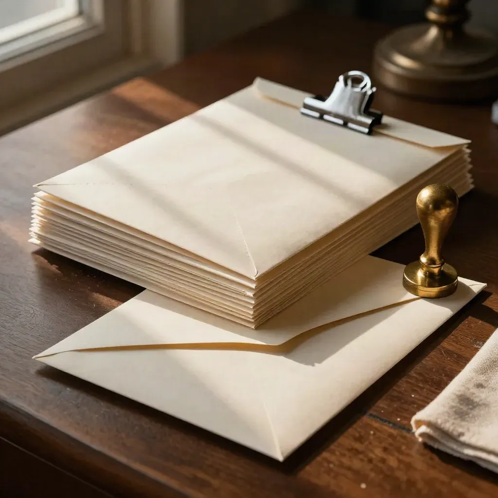 Top-down freight envelopes, metal clip and brass stamp on a dark walnut desk in warm window light