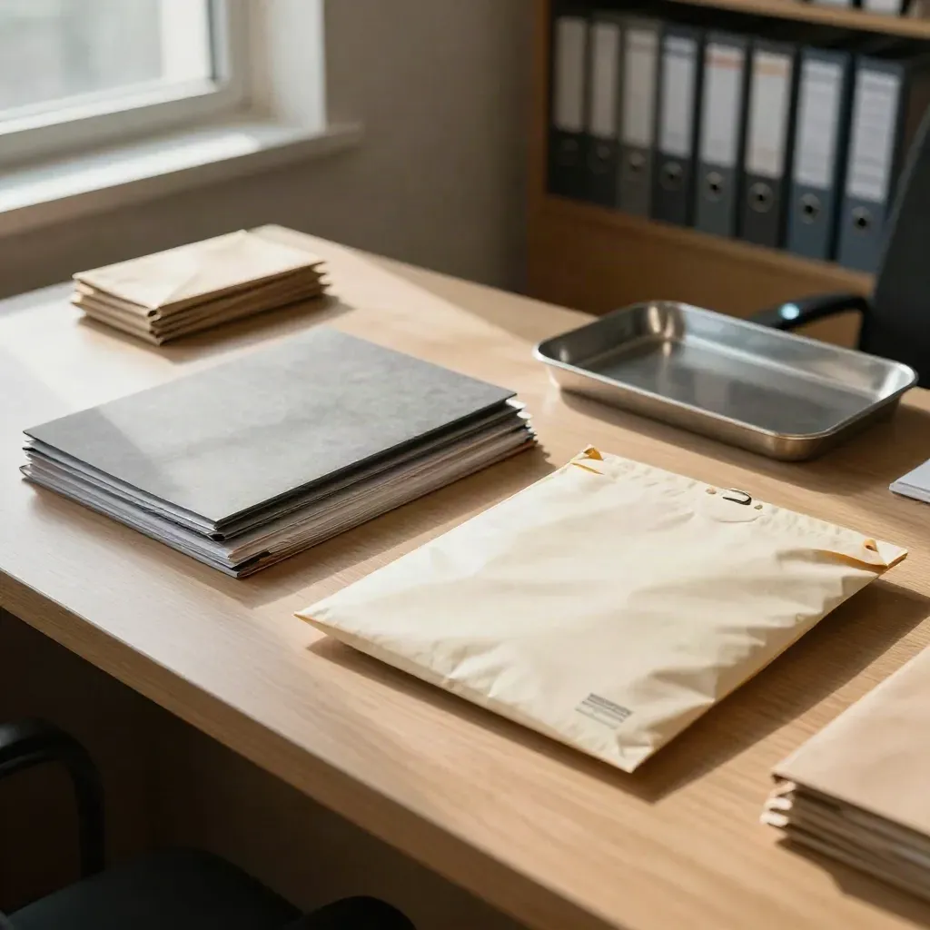 Freight office handoff with file sleeves, sealed pouch, and clipboards on a bright desk.