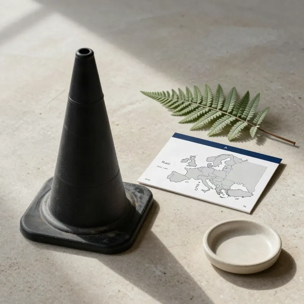 Black lane cone with folded route cards, fern, and ceramic dish on pale stone.