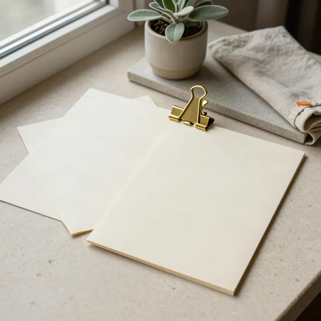Offset file sleeves and brass clip on stone with cloth and plant, soft light.