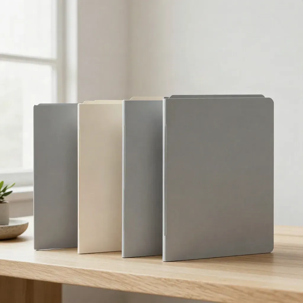 Fanned blank folders with plant and stone dish on pale wood, top-down still life