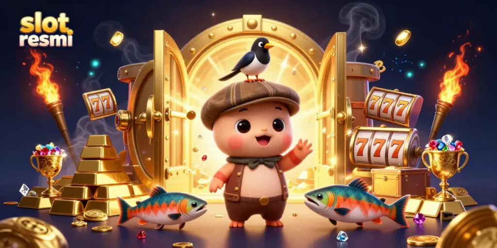 Engage in intense gaming with slot resmi and vibrant characters amidst golden treasures.