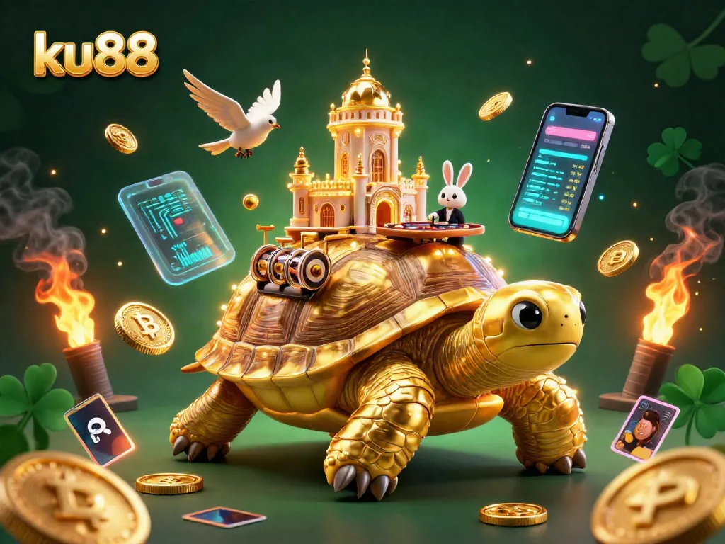 ku88 offers thrilling gaming excitement with a golden tortoise casino scene vibrant with flying coins.