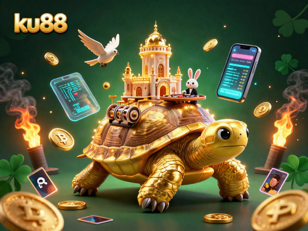 ku88 offers thrilling gaming excitement with a golden tortoise casino scene vibrant with flying coins.