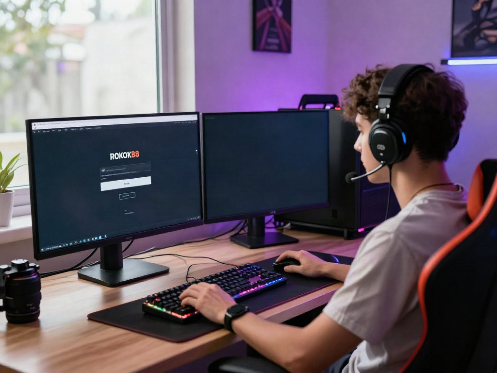 Engaged gamer showcasing rokok88 login on high-resolution monitor, complete with gaming accessories.
