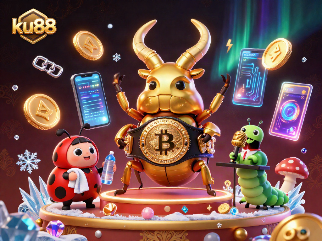 Engage in thrilling gaming action at ku88 with dynamic 3D cartoon illustration of a golden stag beetle and ladybug corner-man.