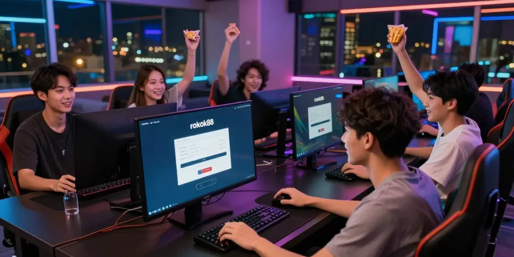 Friends enjoying gaming night with rokok88 login displayed on the screen.