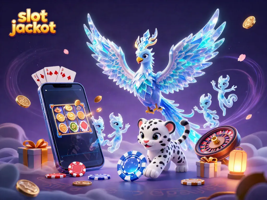 Spin the slot jackpot with a magical 3D illustration featuring an ice phoenix and vibrant casino elements.